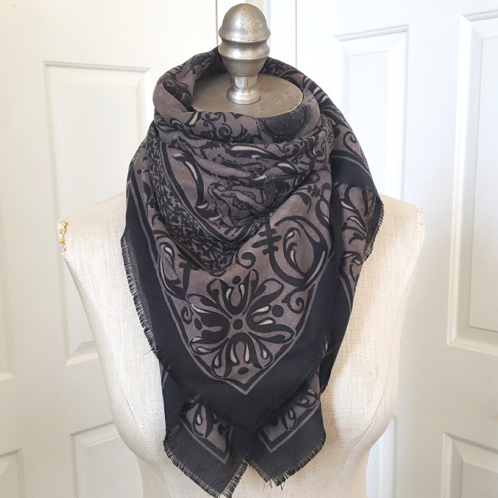 Oversized Square Scarf Black Gray Taupe Gold Yellow Wrap 34" - Picture 3 of 13